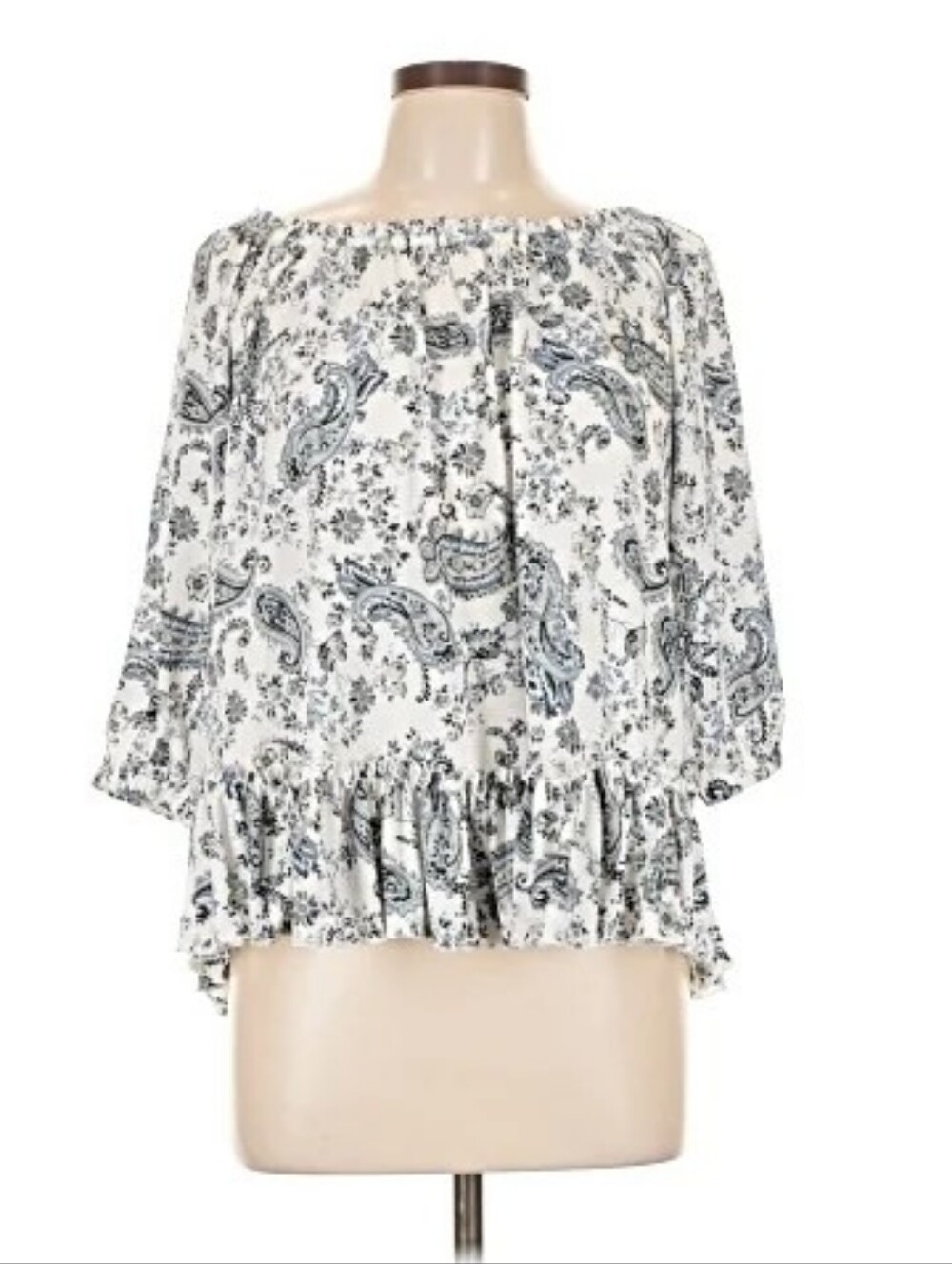MELLODAY White Off-Shoulder Paisley Blouse with Blue Print